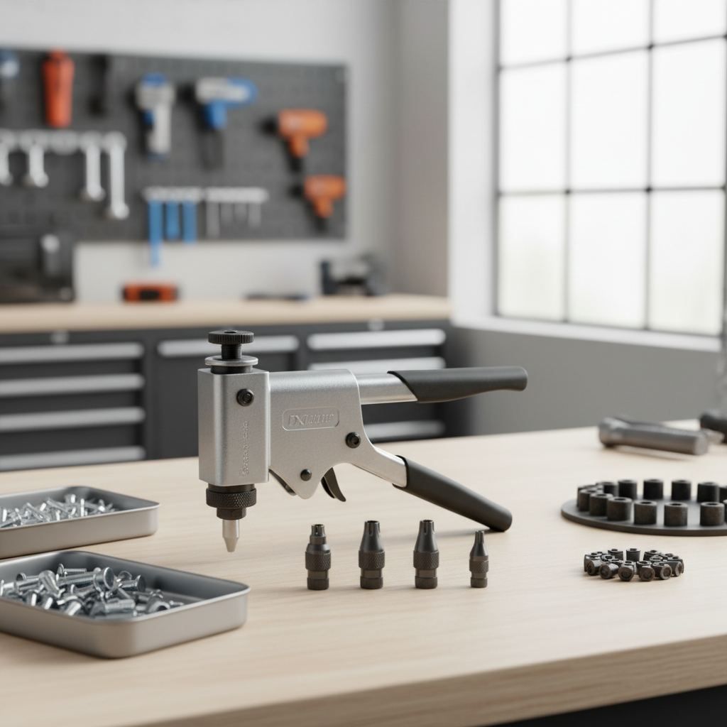 Hand rivet gun and blind rivets laid out for a DIY metal repair