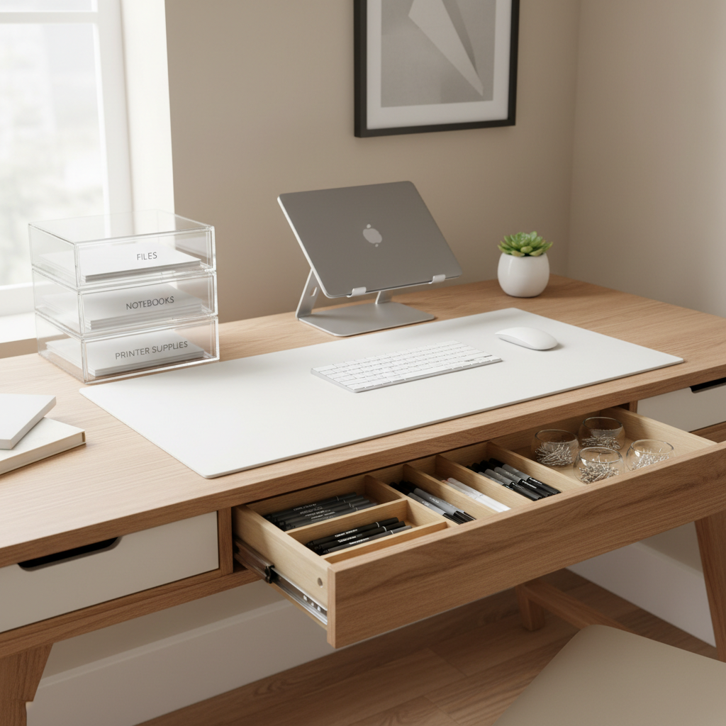 Home office supplies organized in labeled bins and a tidy desk drawer