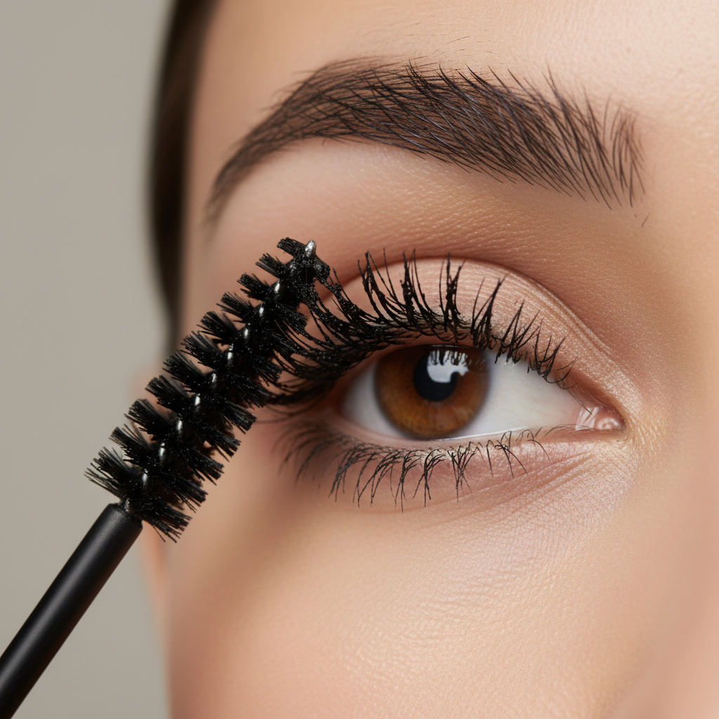 Using a clean spoolie to separate mascara clumps on lashes