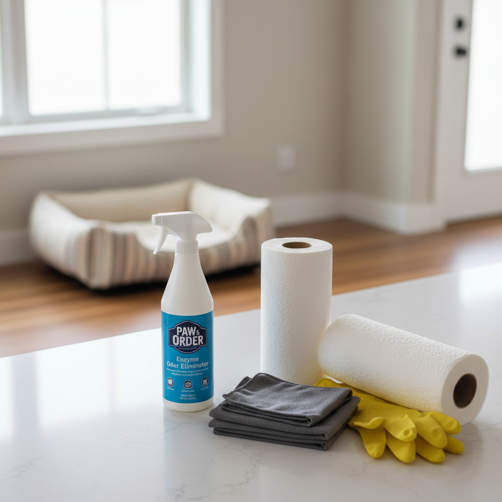 Pet odor cleanup kit with enzyme spray, paper towels, and washable pet bedding