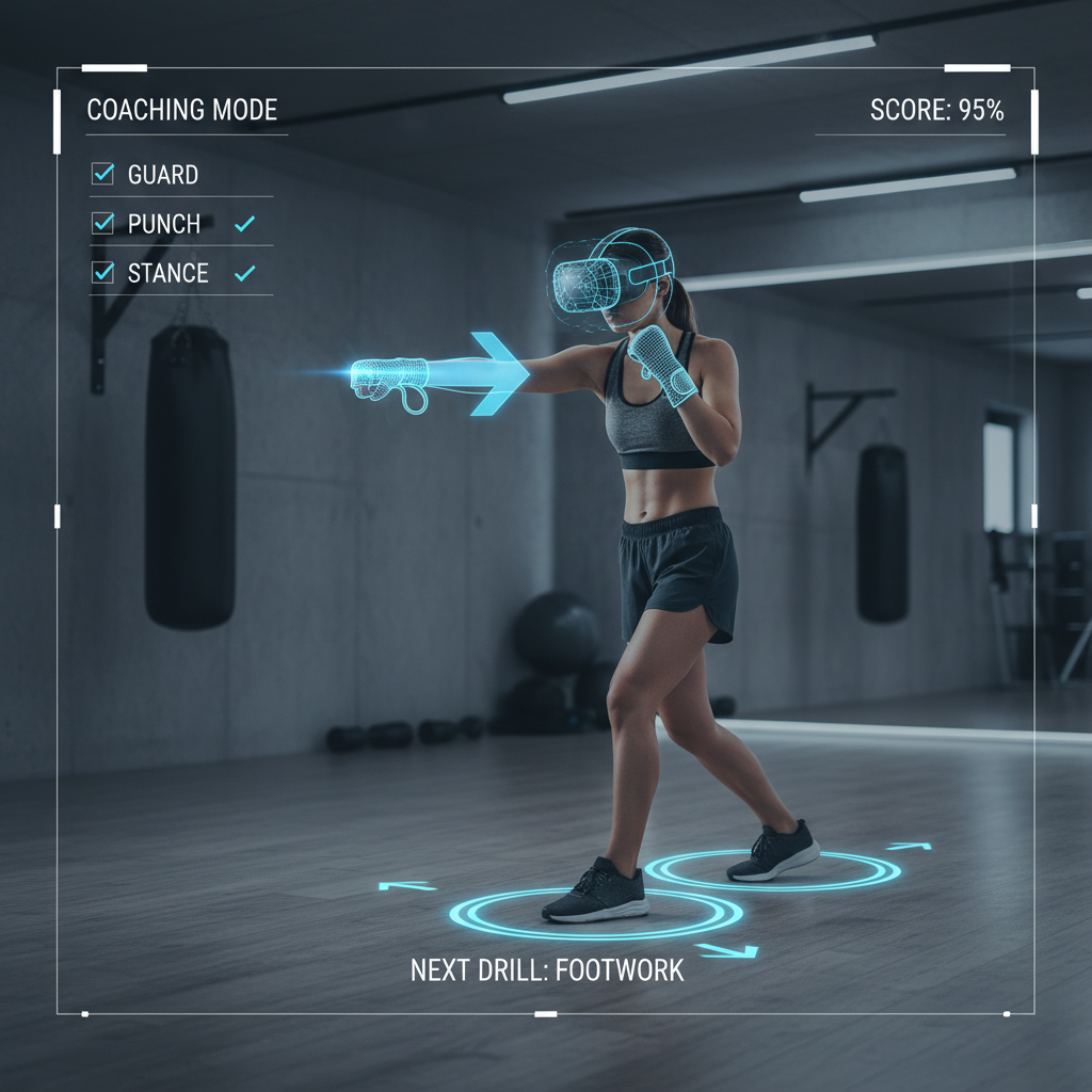 VR boxing form tips showing guard position and straight punches with coaching overlay