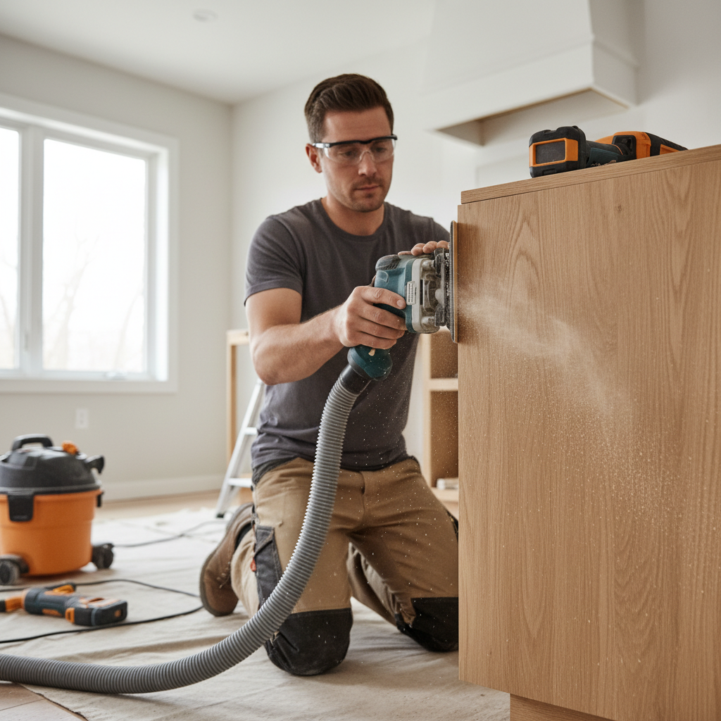 Using an oscillating multi tool with sanding pad and shop vac dust extraction indoors