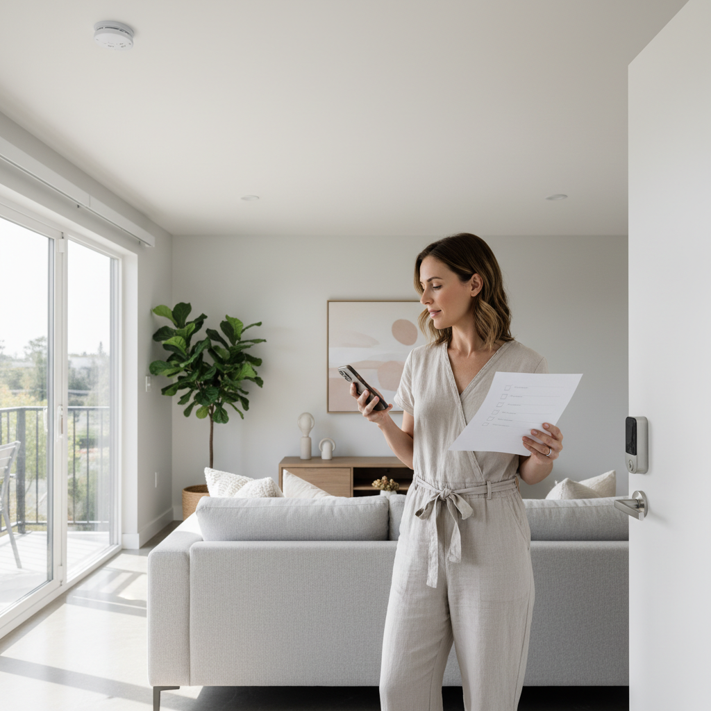 Guest doing a quick check-in inspection of a vacation rental for safety and accuracy