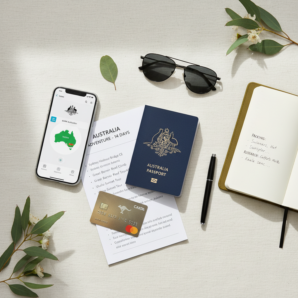 Travel checklist for Australia with passport, phone eSIM, and itinerary notes