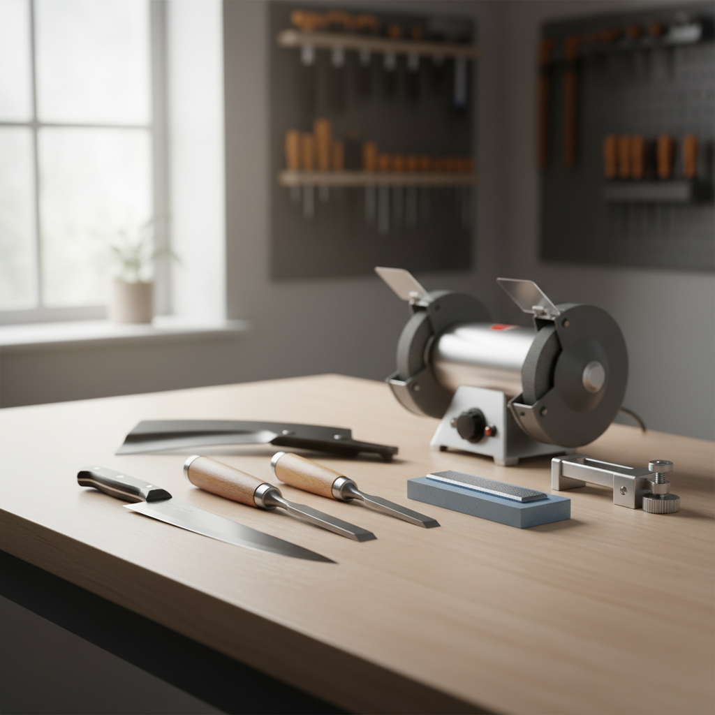 Workbench setup comparing knife, chisel, and mower blade sharpening