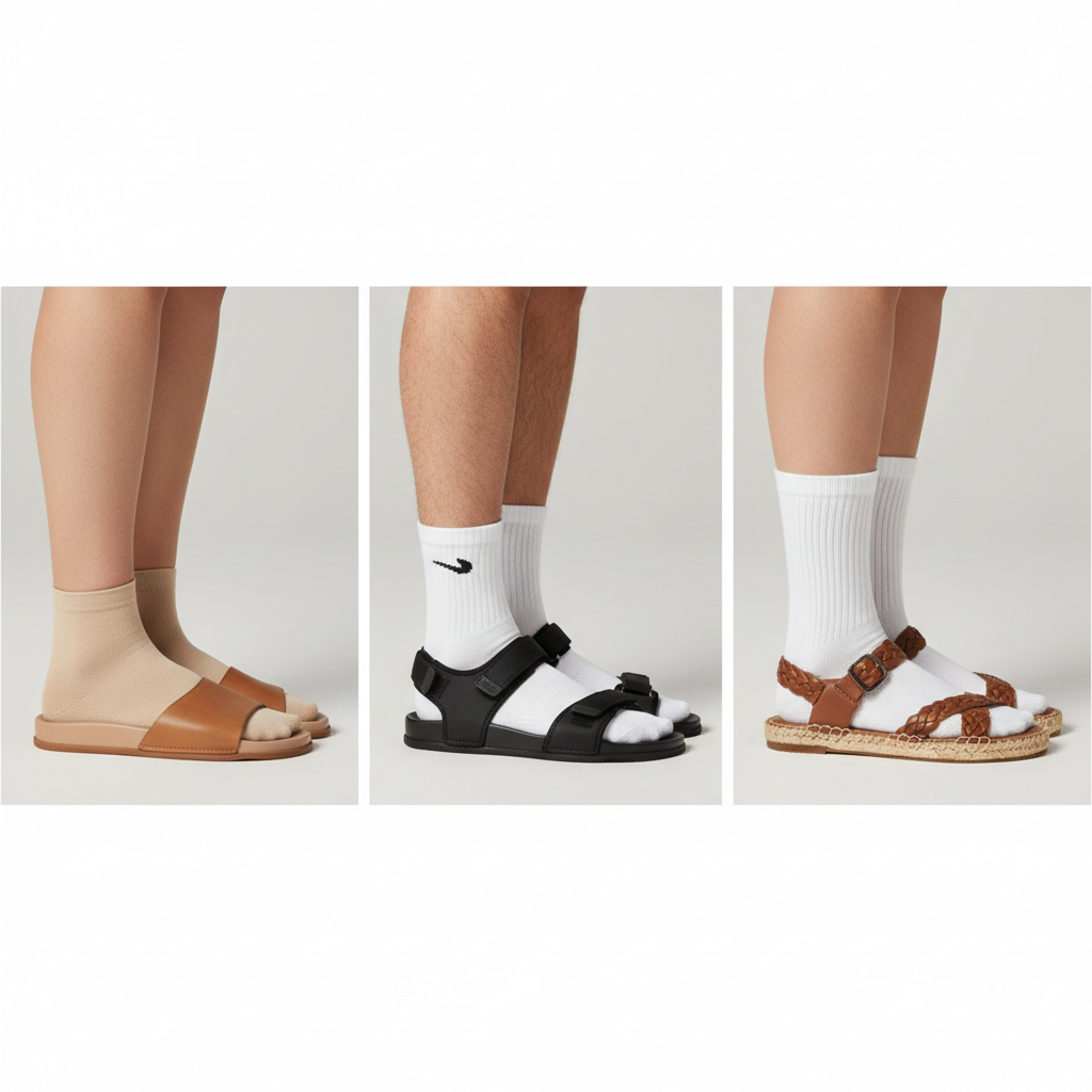 Sock heights guide with sandals: no-show, crew, mid-calf examples