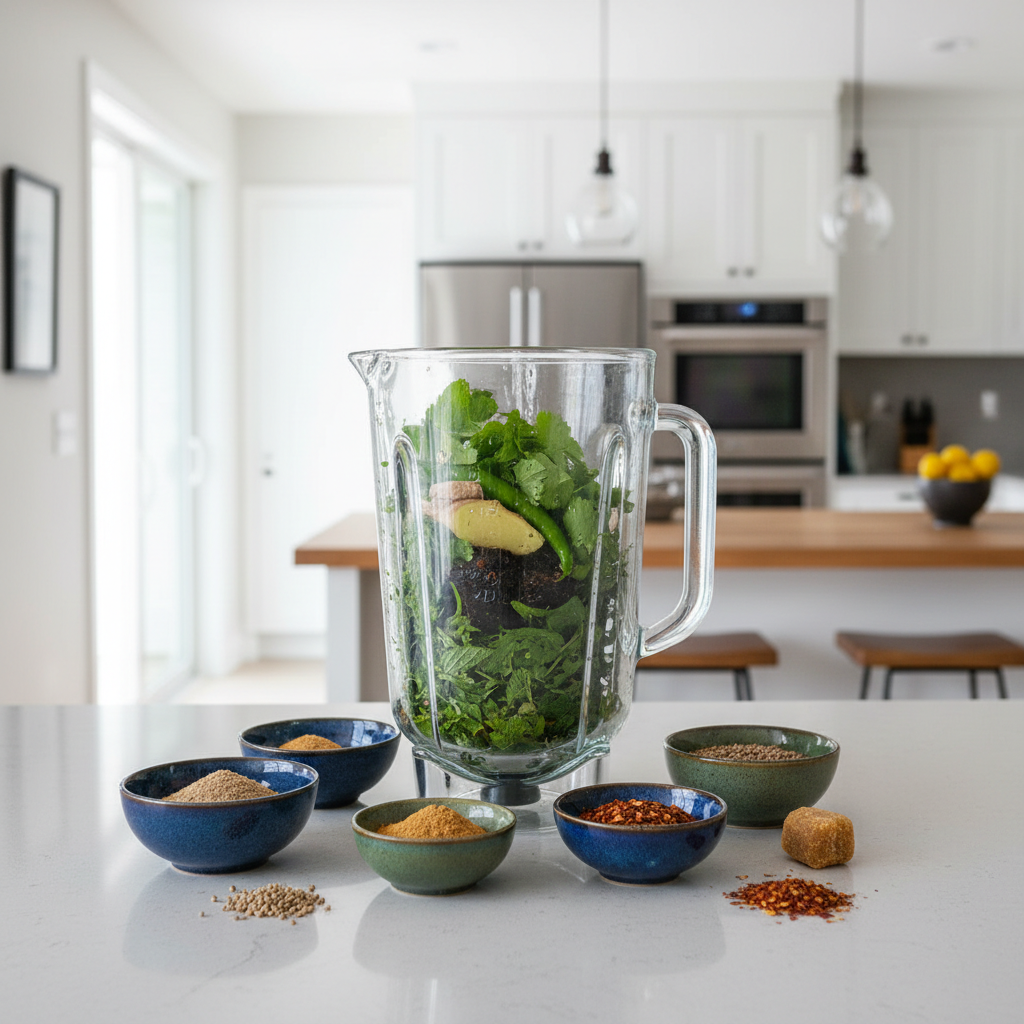 Blending mint cilantro pani puri water in a blender with spices