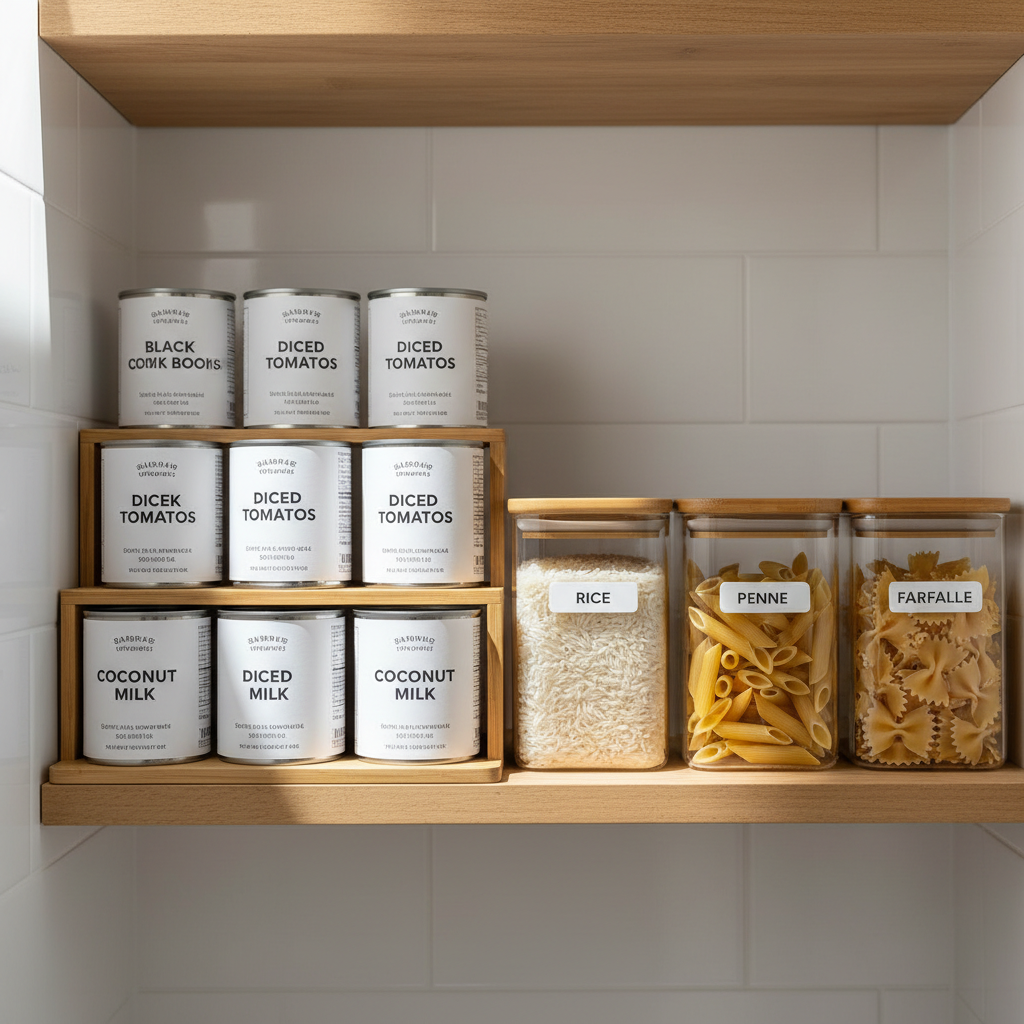 Organized tiny pantry shelf with tiered risers for canned goods and clear containers for grains