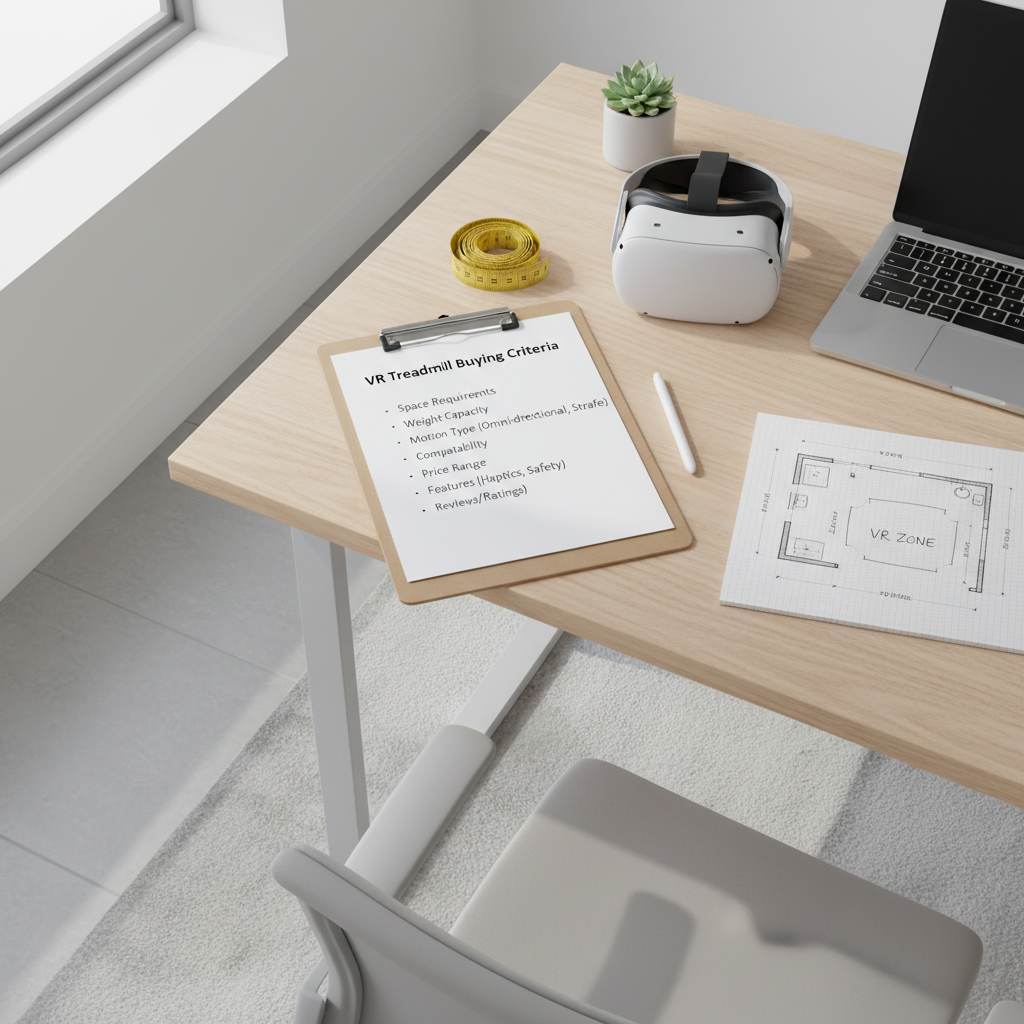 Checklist-style view of VR treadmill buying criteria in a home office