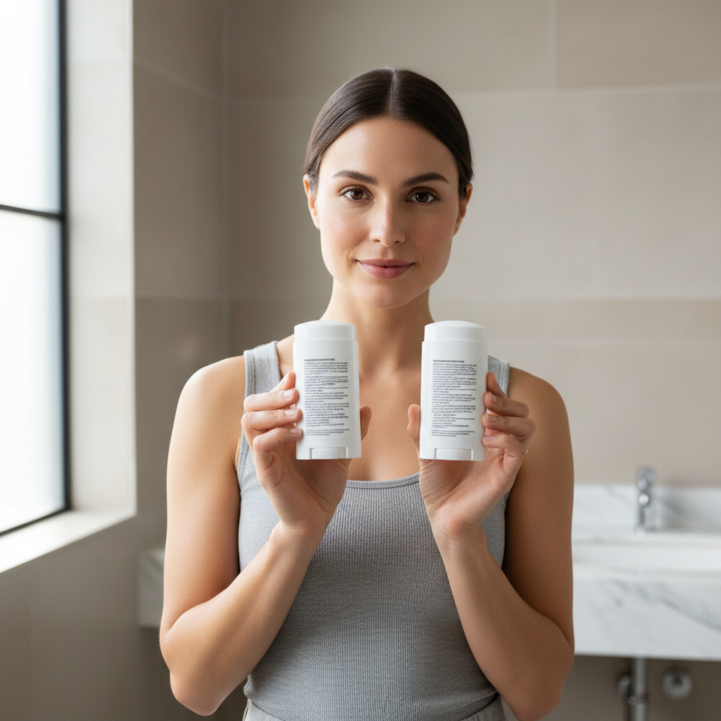 Woman comparing sensitive deodorant ingredients in a bright bathroom