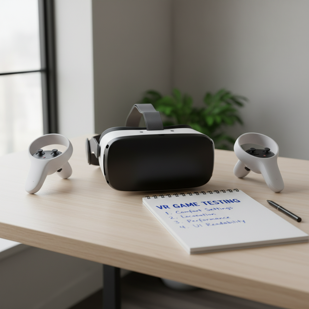 VR indie game testing checklist on a notepad next to a VR headset and controllers