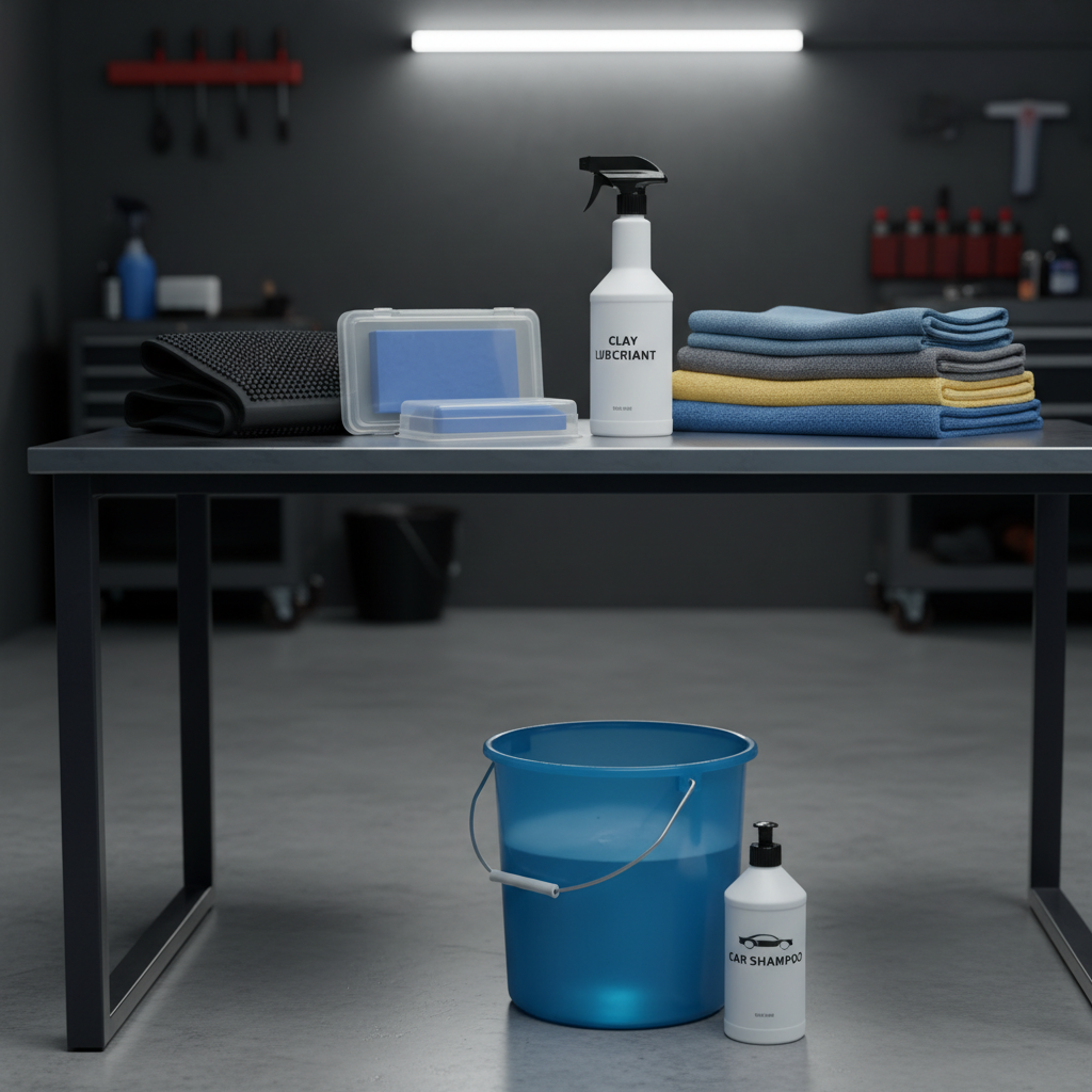 Car detailing supplies laid out for clay bar at home
