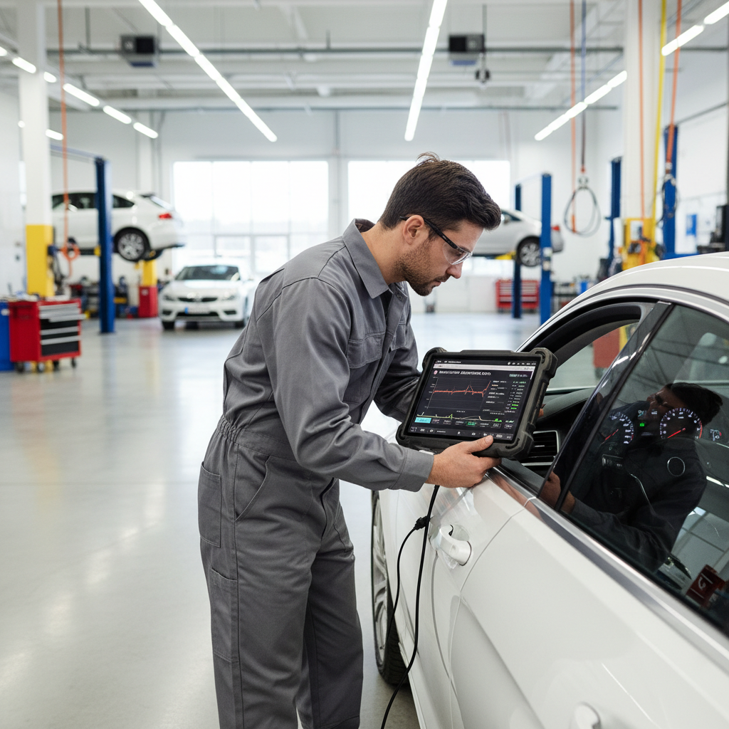 Technician using diagnostic scanner for HVAC blend door actuator