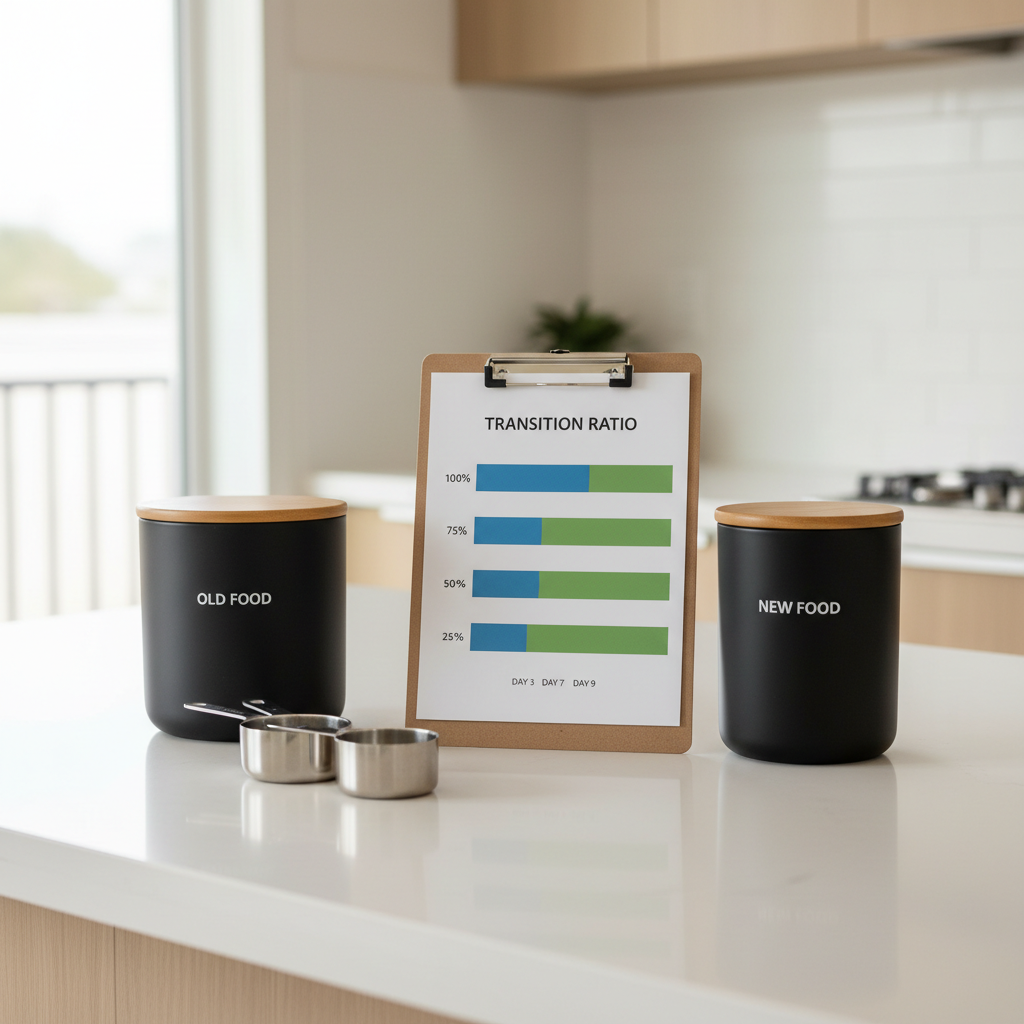 Measured dog food portions for a slow transition plan for sensitive stomach