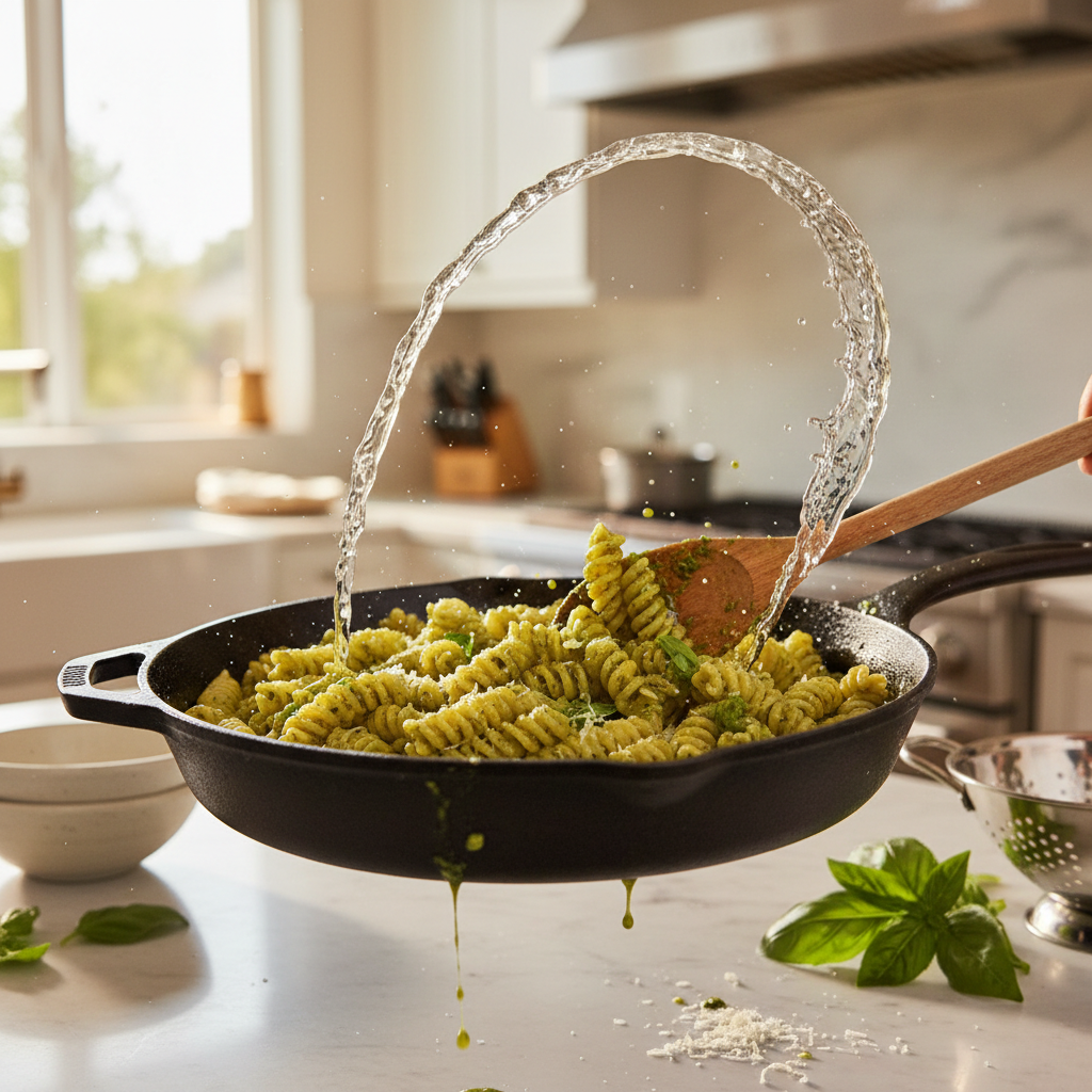 Pesto pasta tossed with reserved pasta water for a glossy sauce