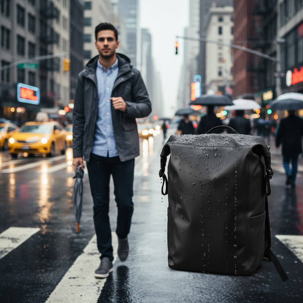 Waterproof travel backpack for men in rainy city commute