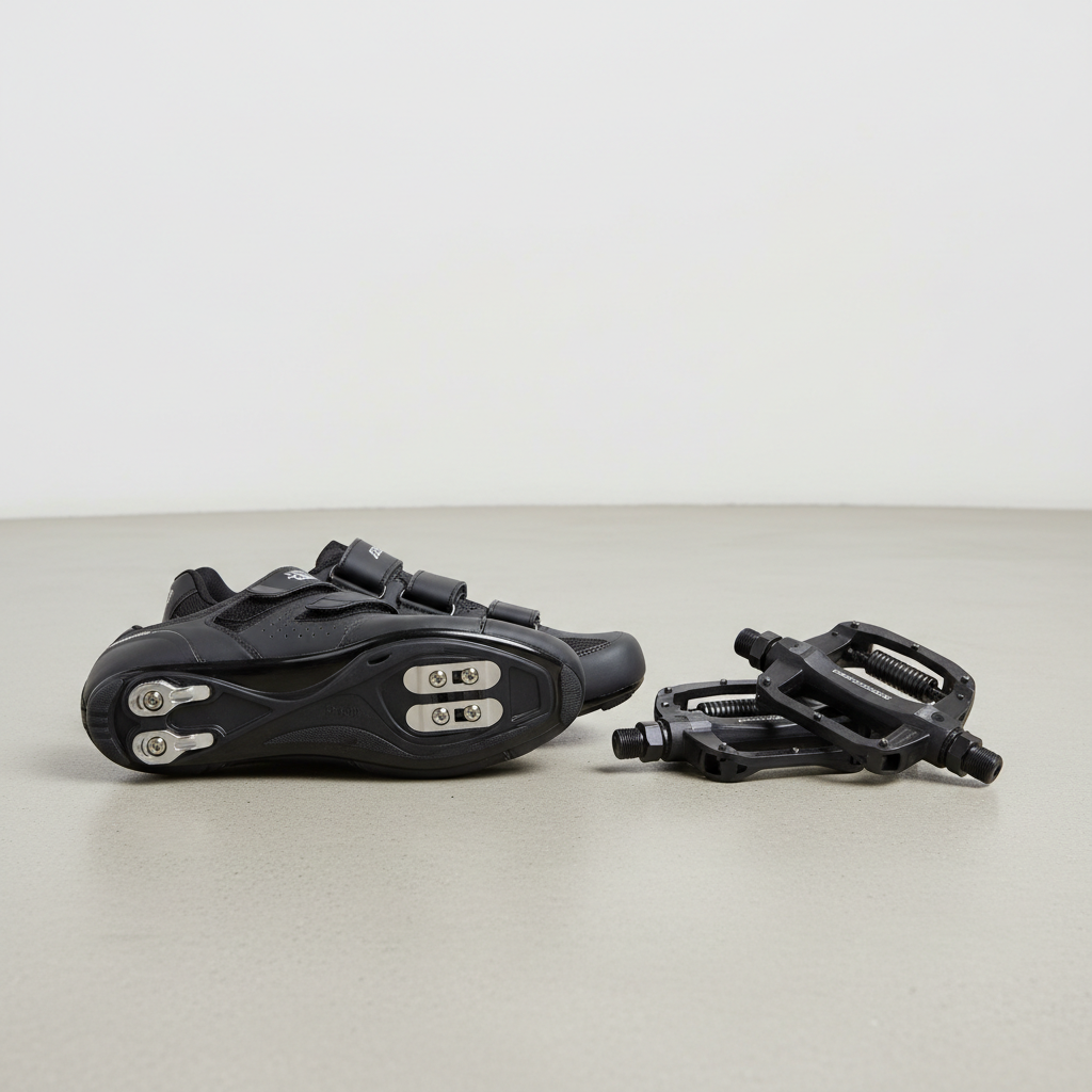 Spin bike shoes and cleats next to indoor cycling pedals