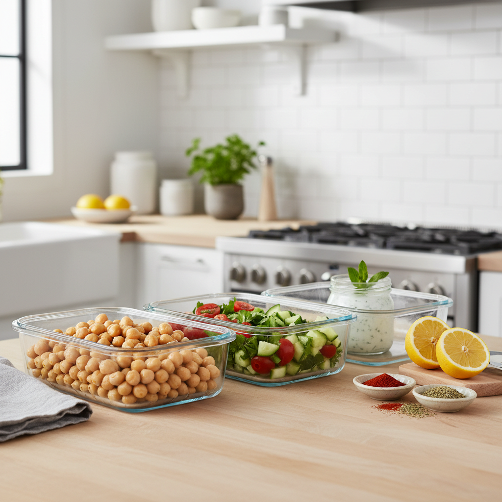 Meal prep containers with healthy chana chaat components separated for freshness