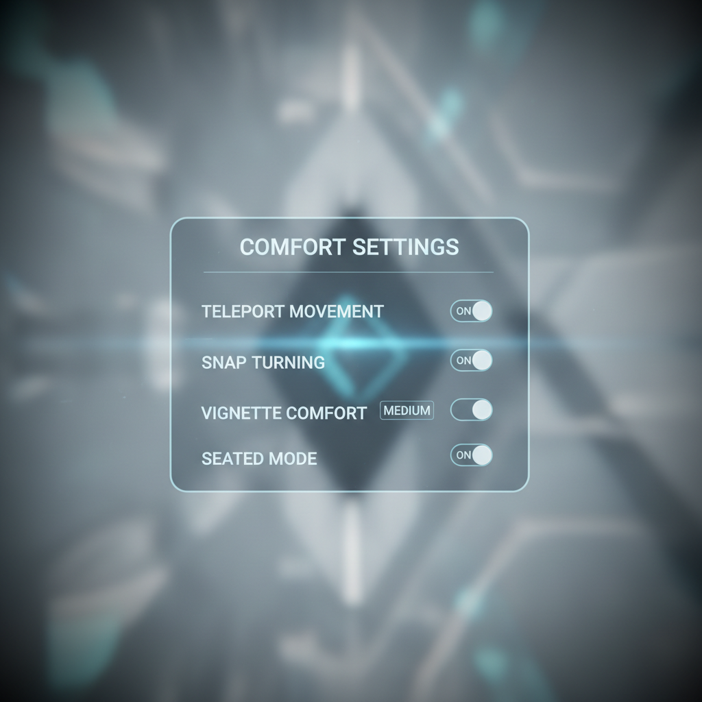 VR comfort settings menu showing teleport movement and vignette options for motion sickness