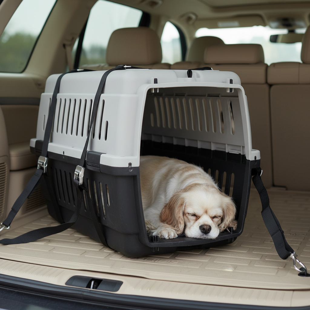 Properly secured small dog travel crate in a vehicle cargo area with tie-down straps