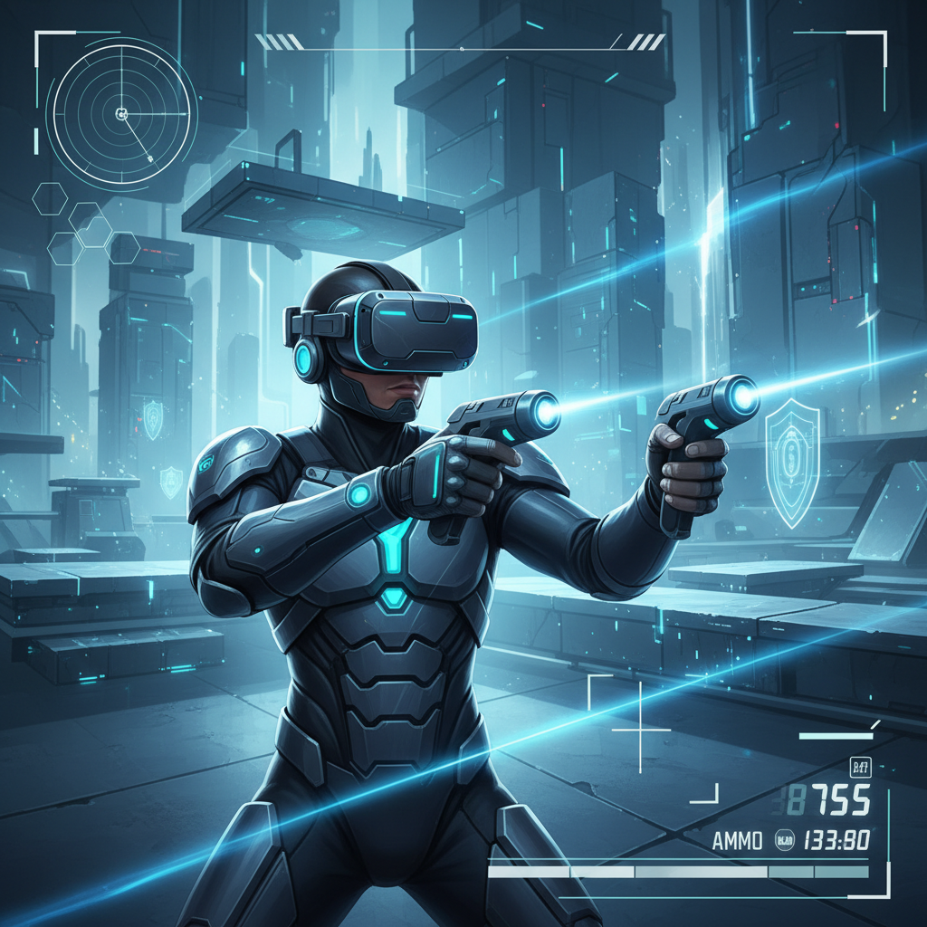 VR FPS player aiming in a modern sci-fi arena with headset and controllers