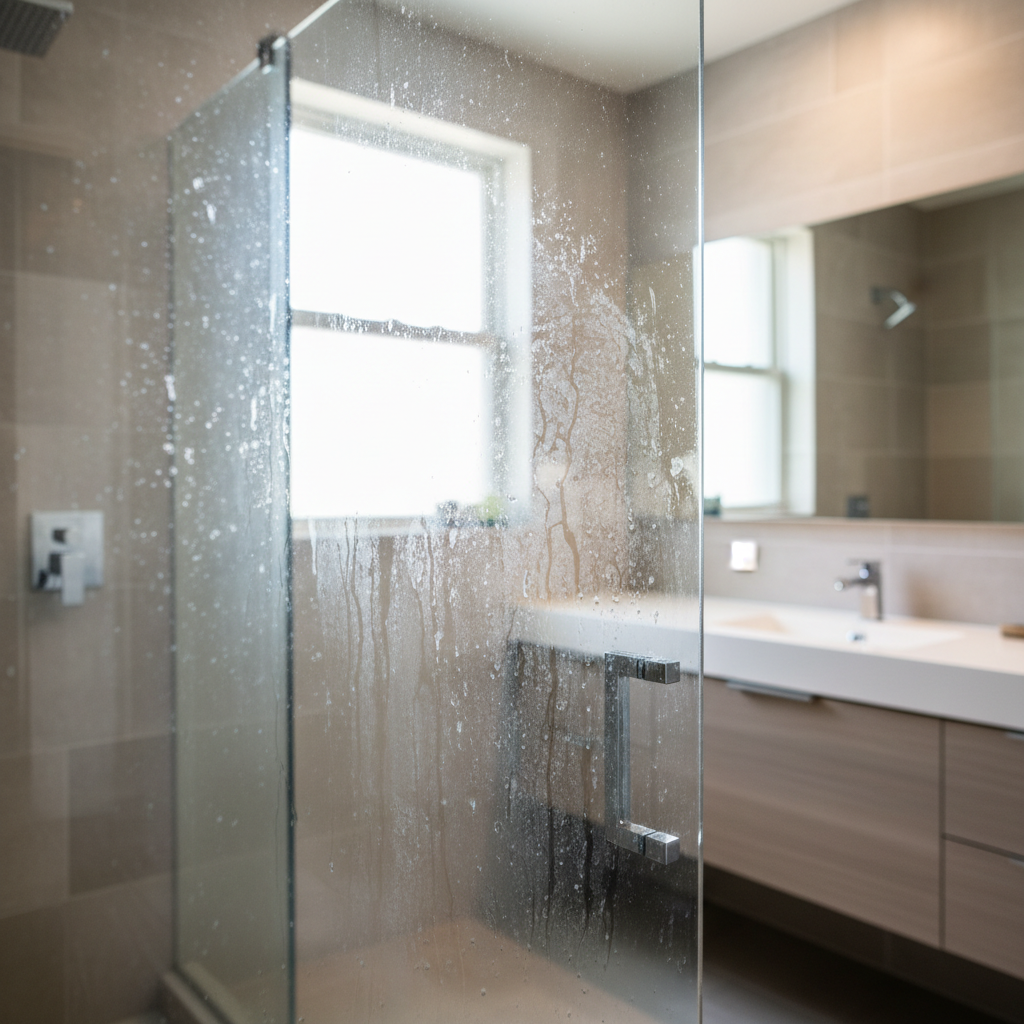 Hard water stains on shower glass before cleaning