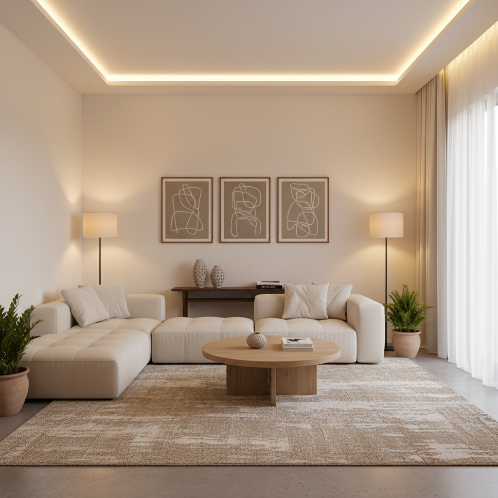 Small space minimalist living room with floating sofa and round coffee table