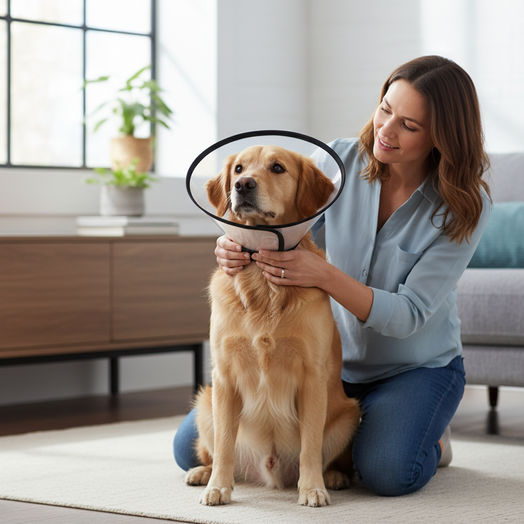 Owner gently placing an e-collar on a dog to prevent licking a hot spot