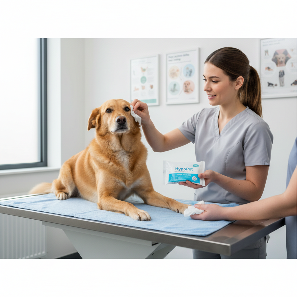 Vet-style gentle wipe routine for dog face and paws