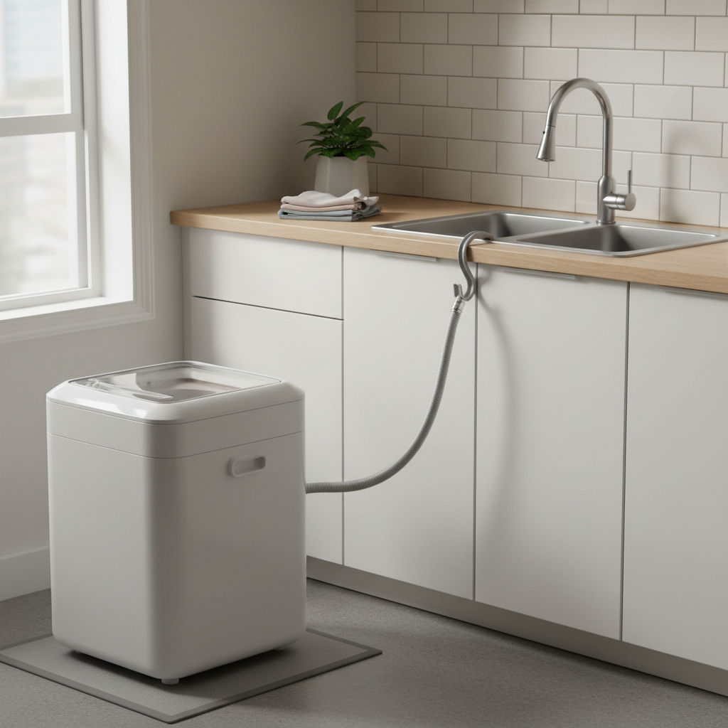 Portable compact washing machine connected to a kitchen sink in an apartment