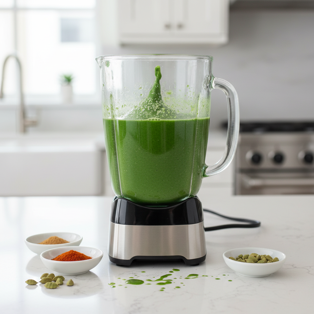 Blending smooth spinach puree for creamy palak paneer sauce
