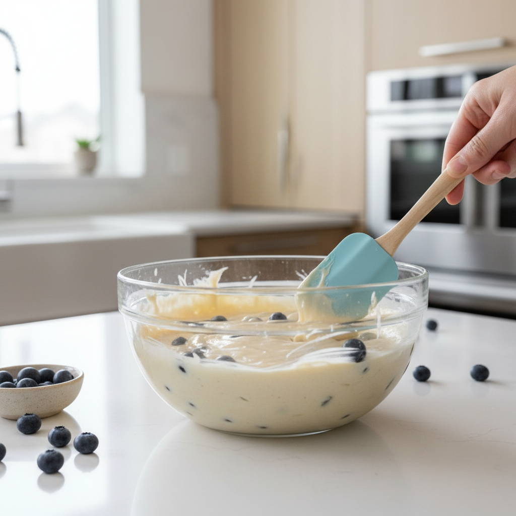 Blueberry muffin batter being folded gently with spatula