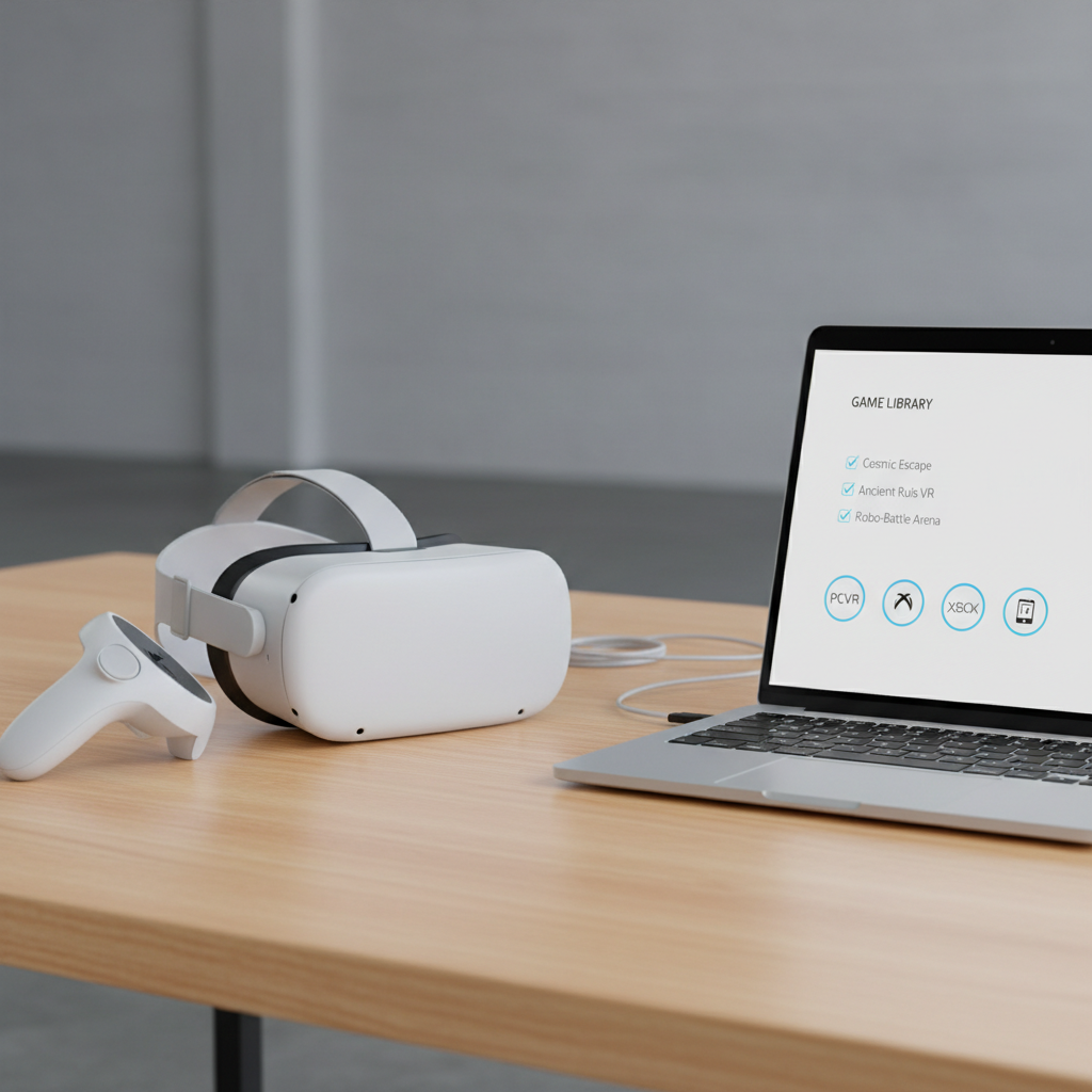 Multiplayer VR game selection checklist on a laptop next to a VR headset