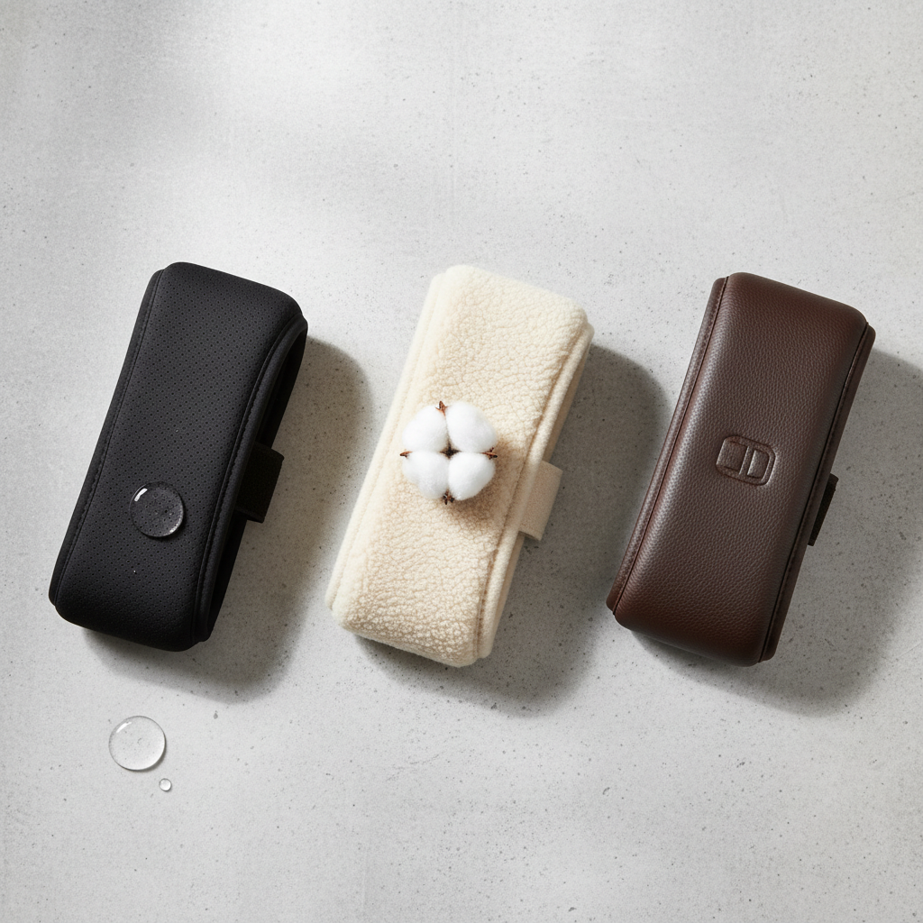 Comparison of seat belt pad materials like neoprene, fleece, and leather in a clean product layout