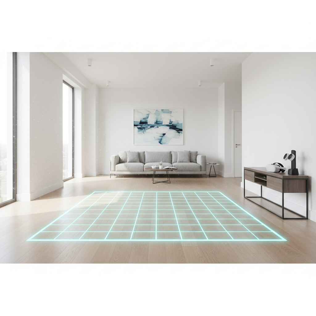 Safe VR play space setup with cleared area and boundary grid