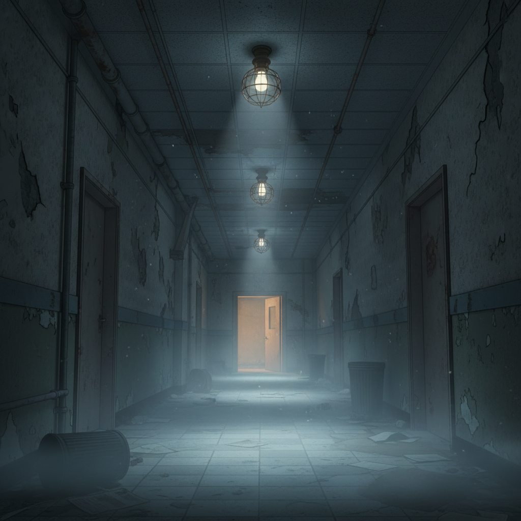 Close-up of VR horror game with creepy hallway and volumetric lighting