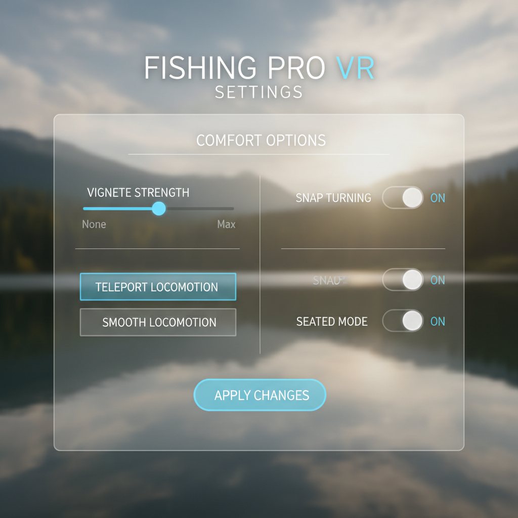 VR comfort settings menu for a fishing simulator showing vignette and locomotion options