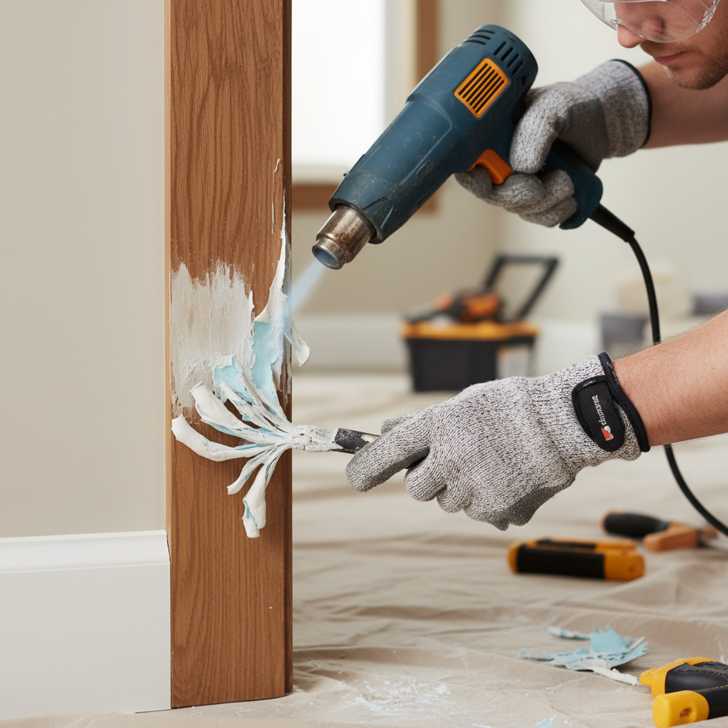 Using a heat gun and scraper to lift softened paint from wood trim