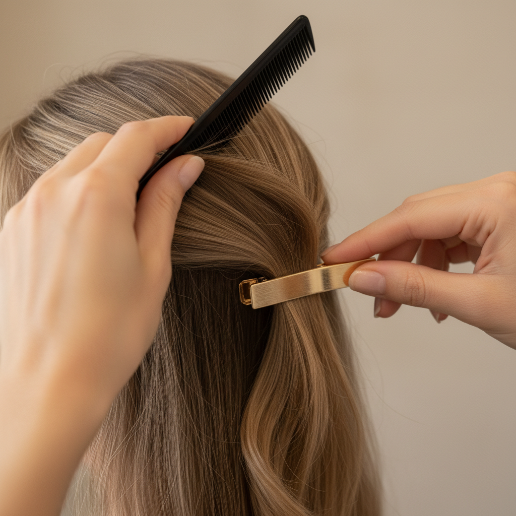 Close-up of hands placing a barrette with teased roots for grip