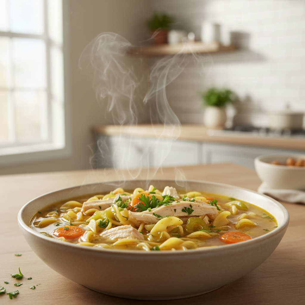 Steaming bowl of easy chicken noodle soup with carrots and noodles