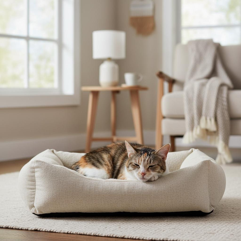 Senior cat resting comfortably on an orthopedic cat bed in a cozy home