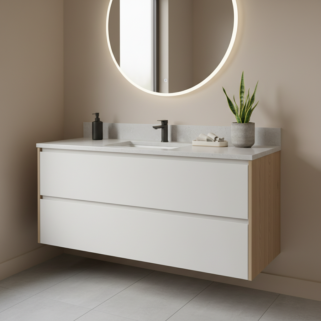 Small bathroom vanity styled with minimal decor and hidden storage