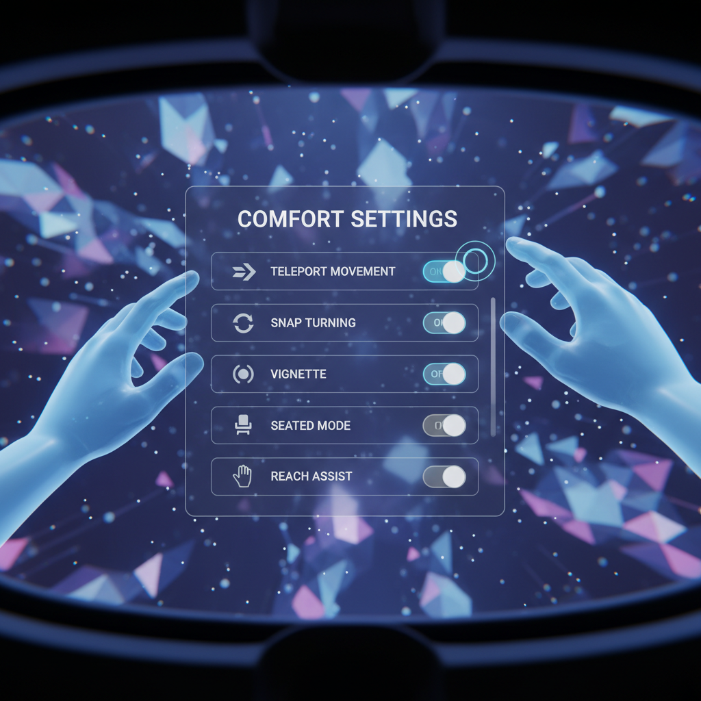 VR pet sim comfort settings menu showing teleport, snap turn, and seated mode