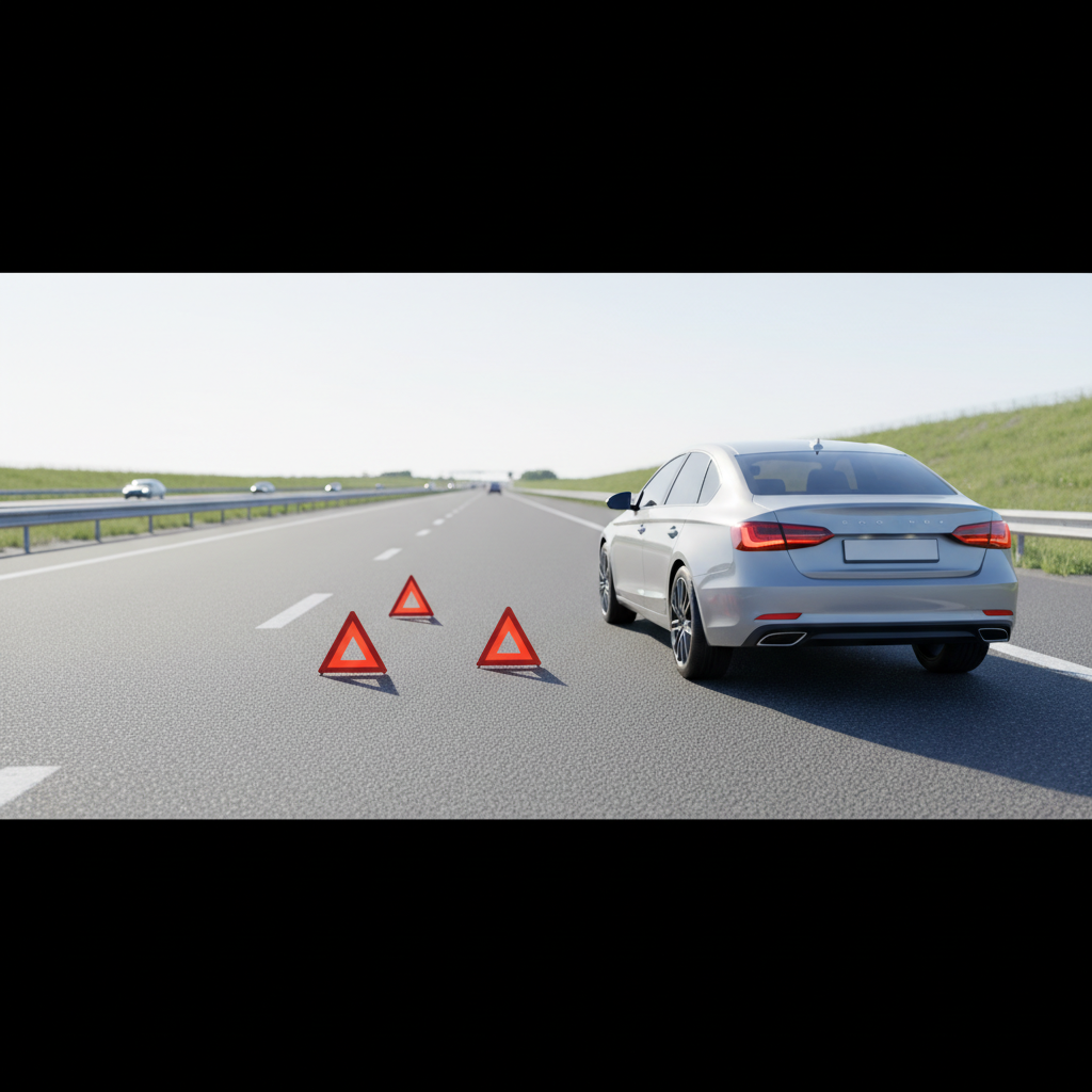 Car pulled safely onto shoulder with hazard lights on before changing a flat tire