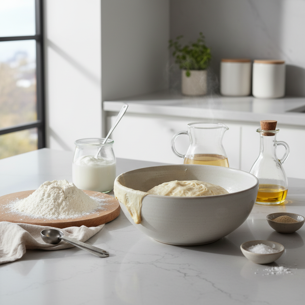 Soft homemade naan dough and ingredients on a kitchen counter