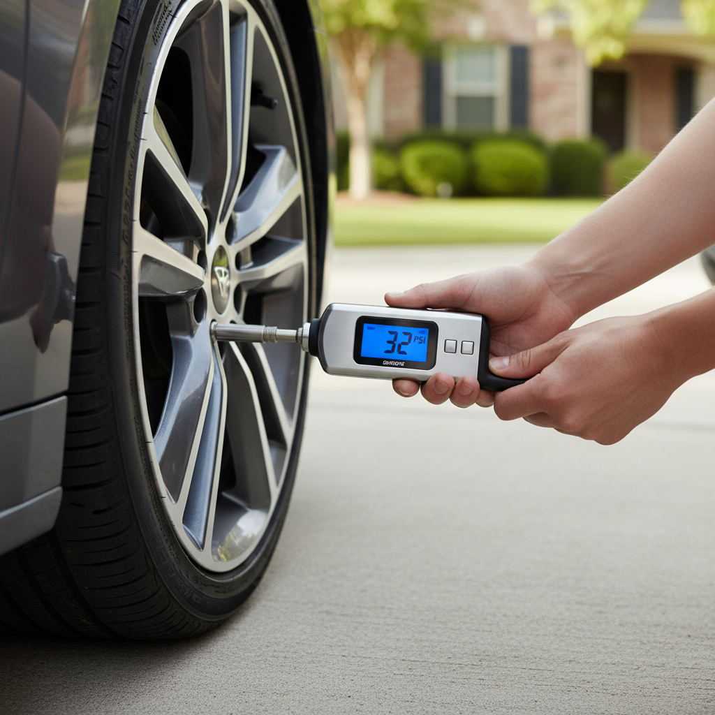 Checking tire pressure with a handheld gauge before using a portable inflator