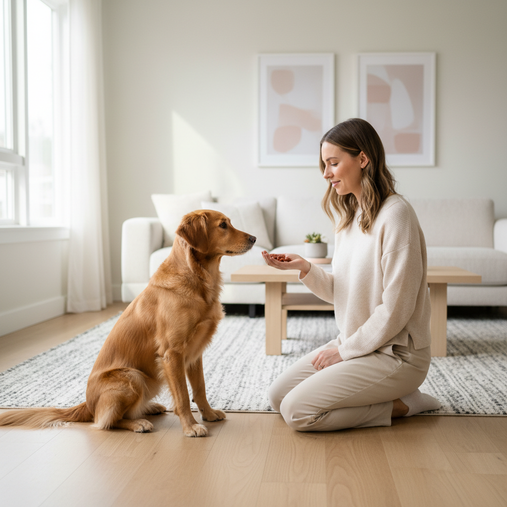 Dog looking at a couch while owner holds treats for training