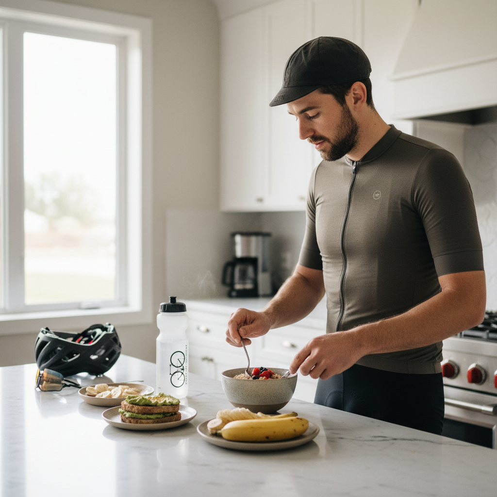 Cyclist preparing a pre-ride meal with carbs and fluids