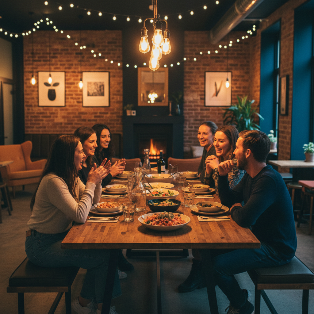 Hostel common area with solo travelers socializing during a group dinner