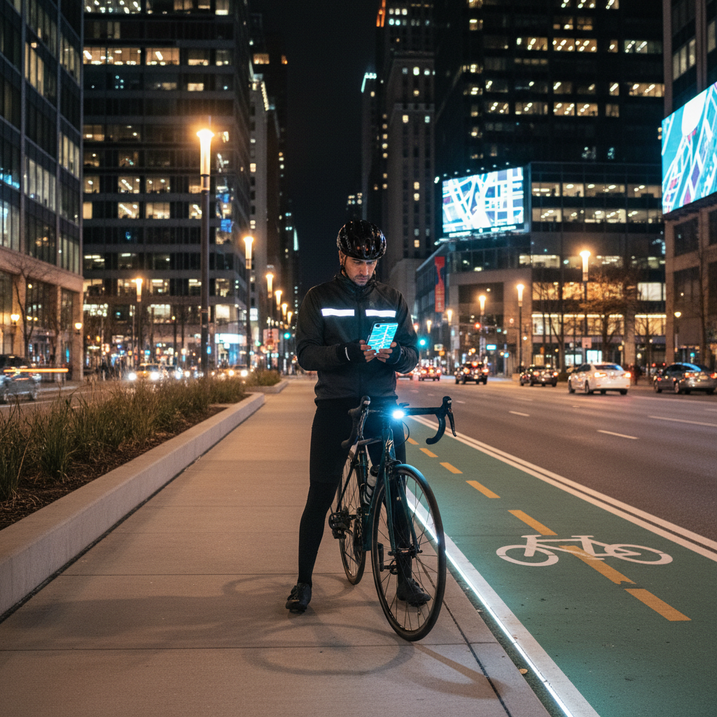 Cyclist choosing a well-lit bike lane route at night using a phone map